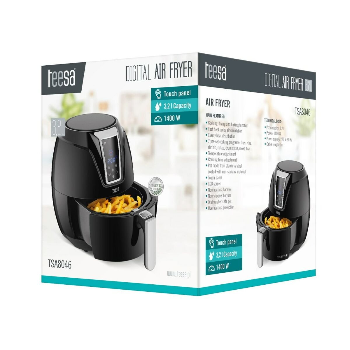 5901890048613_S9131962_P30.jpg Gruzdintuvė, beveik nenaudojanti Aliejaus TEESA Digital Juoda 1400 W 3,2 L